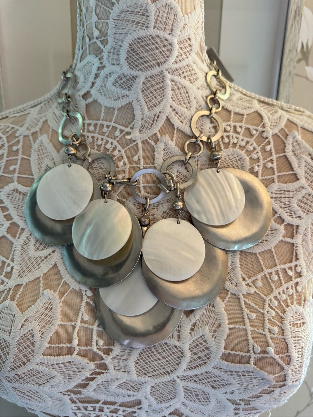 Chico's Silver and White Layered Bib Necklace with Natural Shell Discs. On Trend